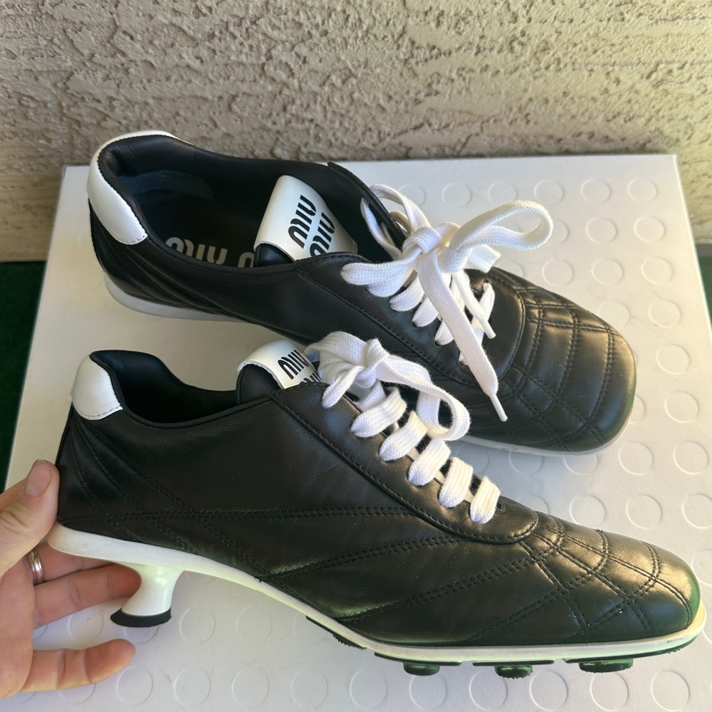 Miu Miu Kitten Heel Black Leather Sneakers size 8.5